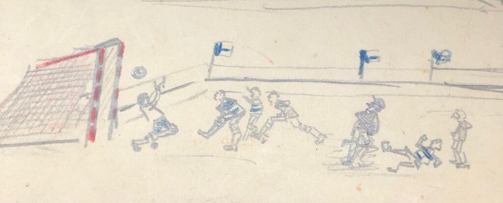 Een tekening van een voetbalwedstrijd, gemaakt door Jaap Hamming in zijn jeugdjaren.