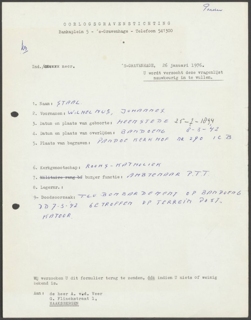 Document van de Oorlogsgravenstichting mbt Willem Jan Staal.